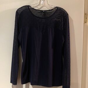 H&M Navy Long-Sleeve Top with Sheer Polka-Dot Yoke and sleeves size L